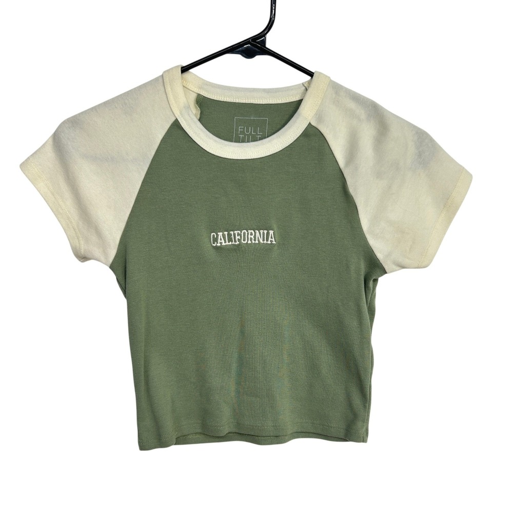 Y2K‎ California Baby Tee Medium Sage Green Raglan Embroidered Mallcore Preppy